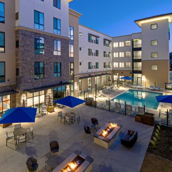 Pool and outside area of Holiday Inn Express and Suites hotel in Valencia, California.