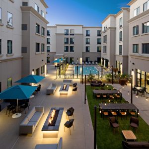 Pool and outside area of Springhill Suites hotel in Valencia, California.