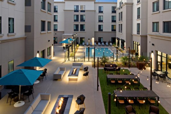 Pool and outside area of Springhill Suites hotel in Valencia, California.