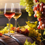 Wine glasses and grapes on top of a wine barrel at a vineyard in Southern California.