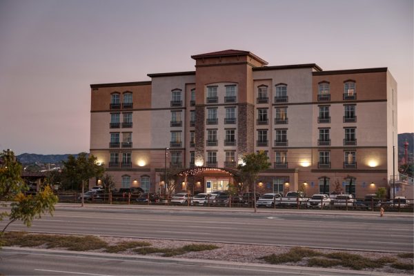 Front View of Homewood Suites by Hilton hotel in Santa Clarita.