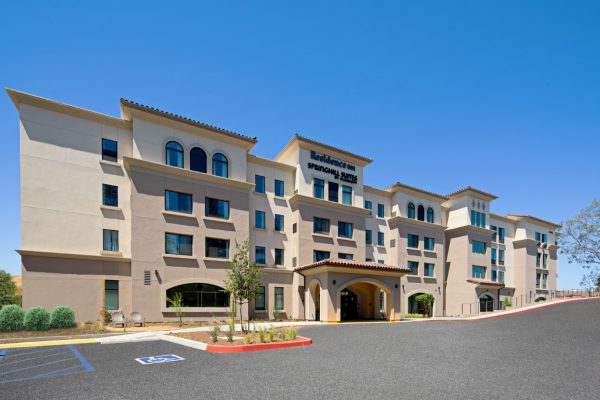 Front view of Springhill Suites by Marriott hotel in Valencia, California.