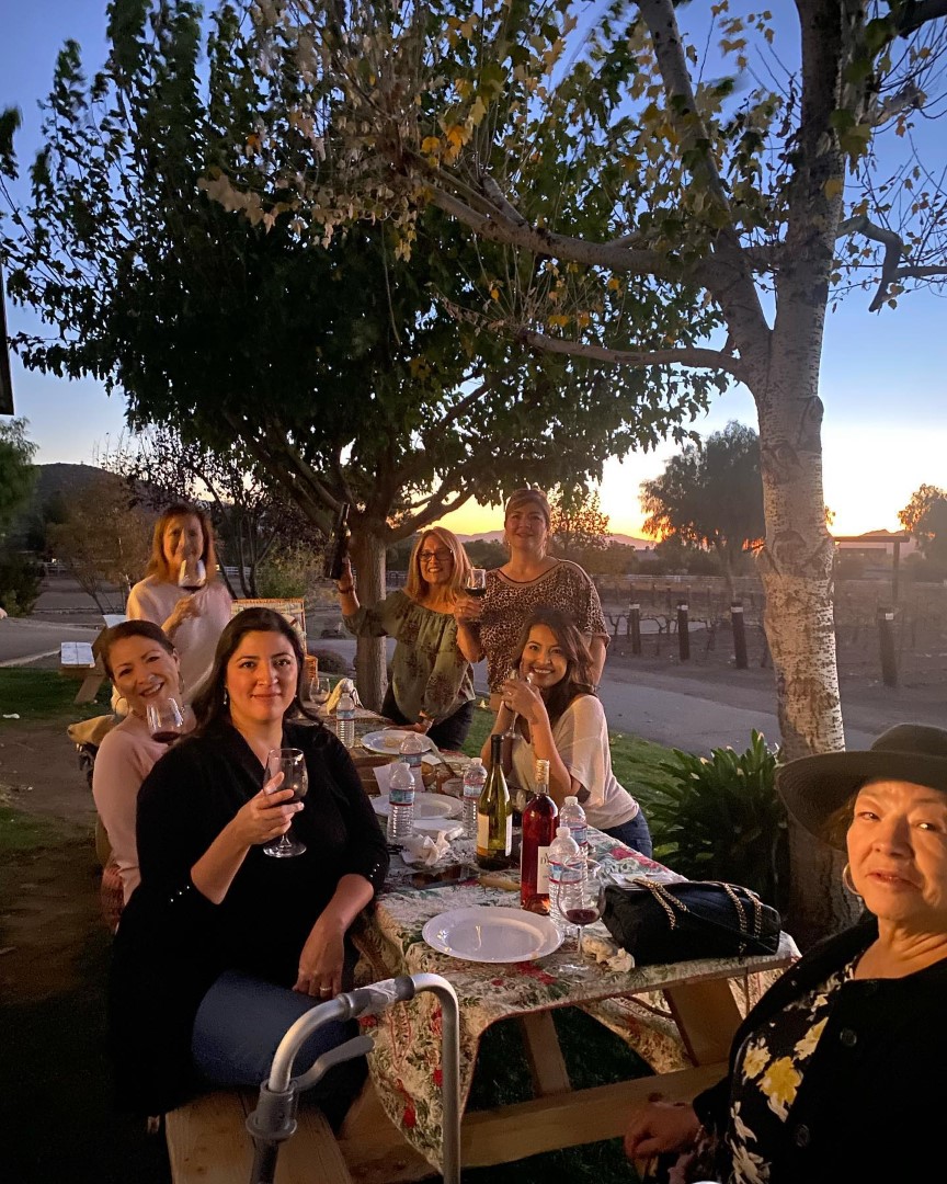 Group of women sitting outside at a table enjoying wine at a winery.