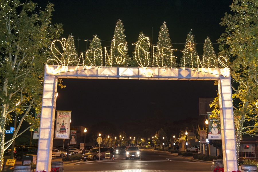 Seasons Greetings Christmas display along the streets of Old Town Newhall.